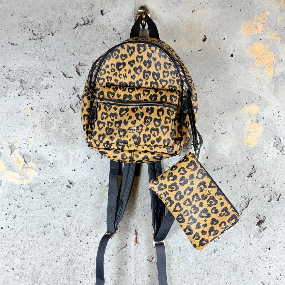 Coach Mini Charlie Backpack & Wallet Leopard Print Tan Black F24208